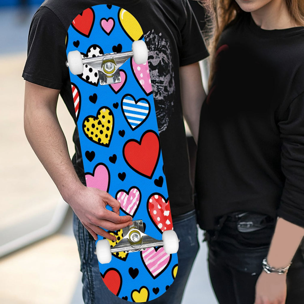 Complete Skateboard Colorful Hearts Graffiti 31 Inch 7-Ply Maple Skateboard with PU Wheels and Aluminum Trucks, Ready-to-Ride Skateboard for Beginners, Teens and Adults