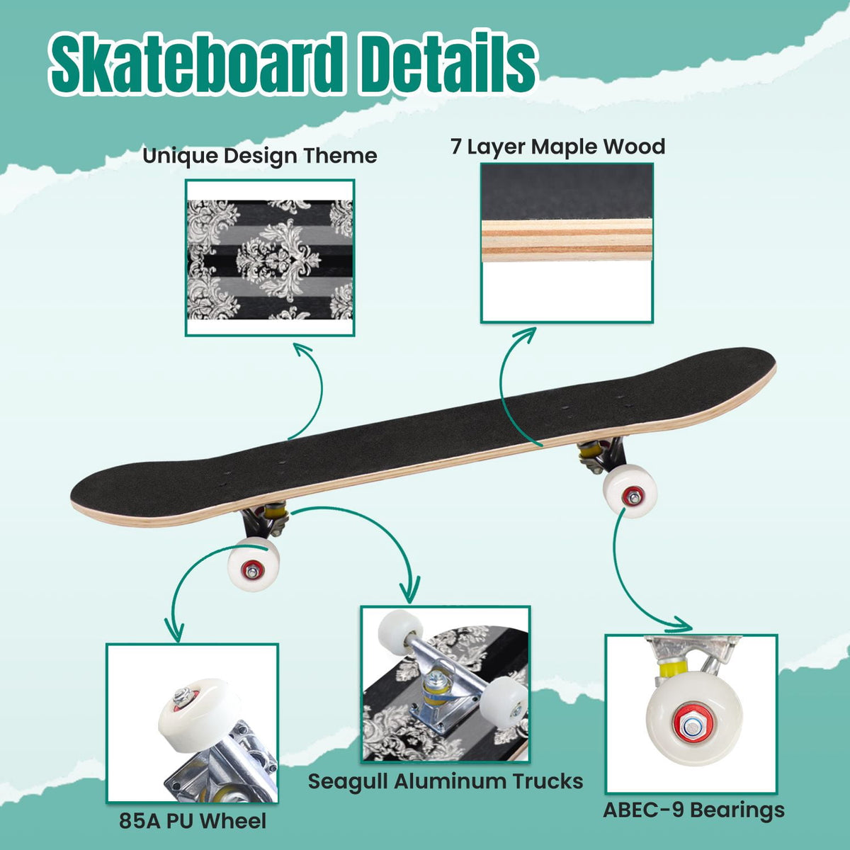 Elegant Purple Damask 31" x 8" Complete Skateboard, 7-Ply Canadian Maple Double Kick Trick Board for Kids and Beginners Adult Gifts