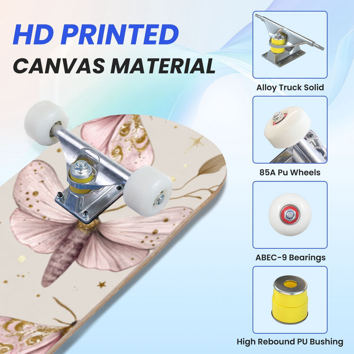31"x8" Complete Skateboards for Beginners,Whimsical Moths Flowers Pastel Colors Stars Moon Mystical Double Kick 7 Ply Canadian Maple Deck Skateboard with Wheels, Gifts for Kids Teens