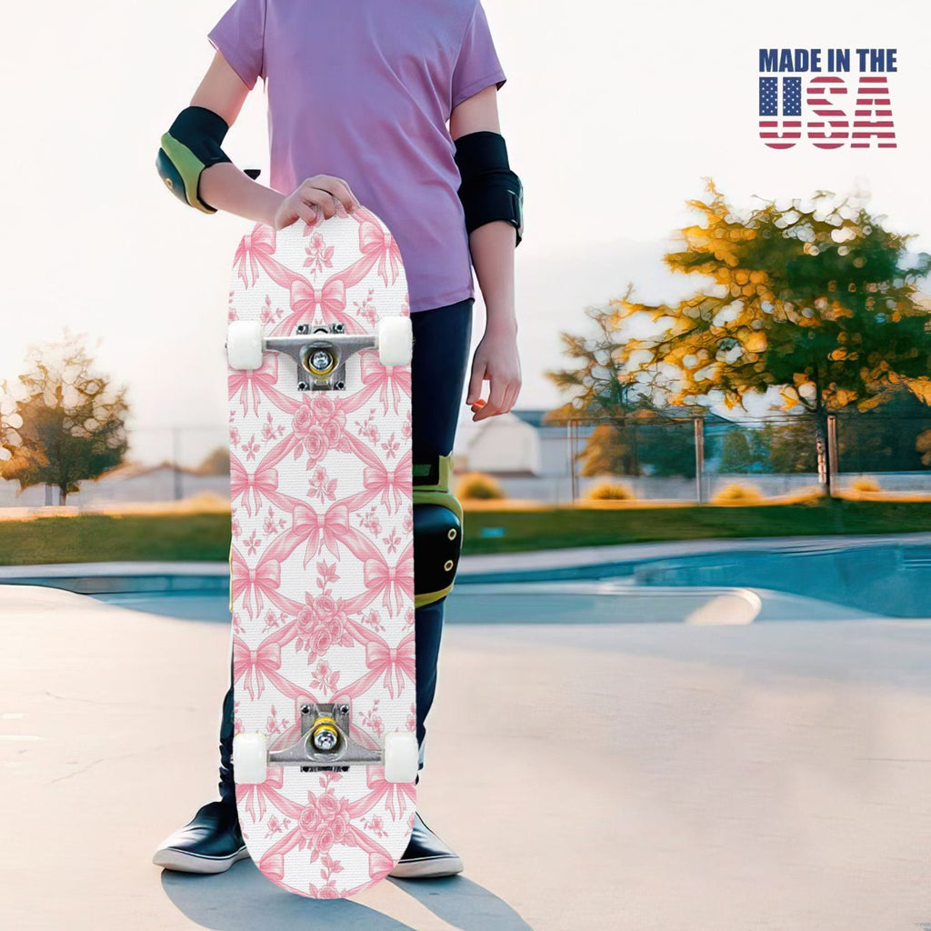31"x8" Complete Skateboards for Beginners, Pink Floral Ribbon Roses Bows White Double Kick 7 Ply Canadian Maple Deck Skateboard with Wheels, Gifts for Girls Teens