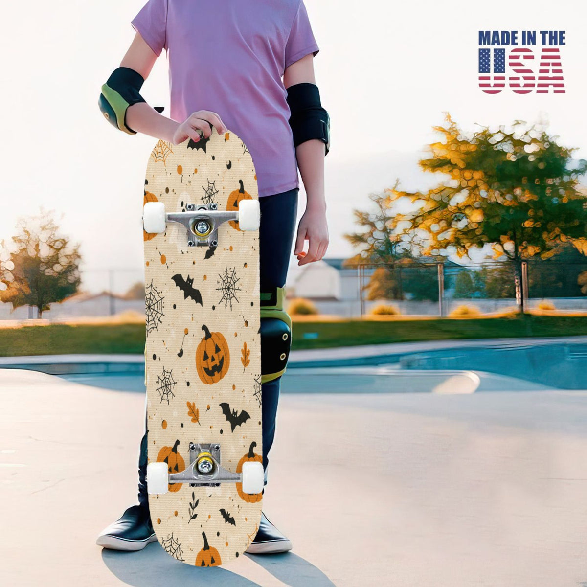 31"x8" Complete Skateboards for Beginners,Halloween Black Cats Pumpkins Ghosts Bats Beige Double Kick 7 Ply Canadian Maple Deck Skateboard with Wheels, Gifts for Kids Teens