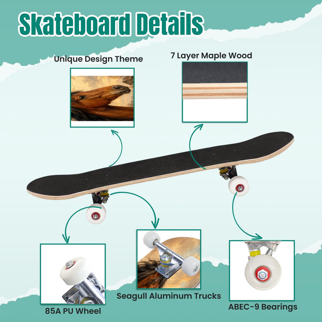 Forest Tree Wood Green Pine Trees Autumn Leaves Fog Misty 31" x 8" Complete Skateboard, 7-Ply Canadian Maple Double Kick Trick Board for Kids and Beginners Adult Gifts