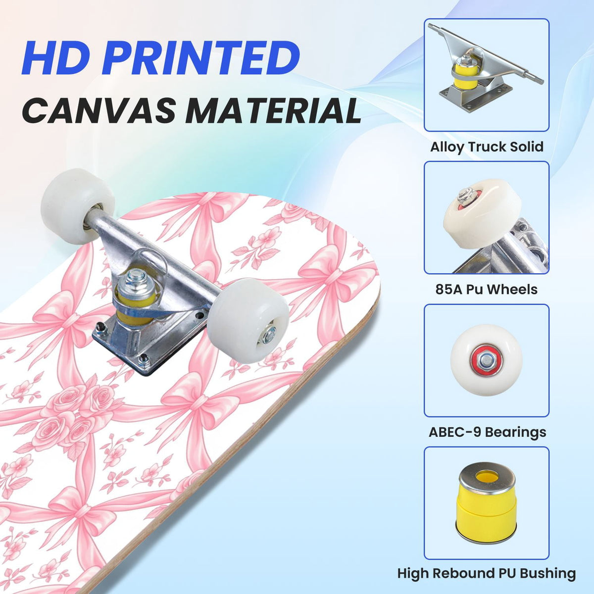 31"x8" Complete Skateboards for Beginners, Pink Floral Ribbon Roses Bows White Double Kick 7 Ply Canadian Maple Deck Skateboard with Wheels, Gifts for Girls Teens