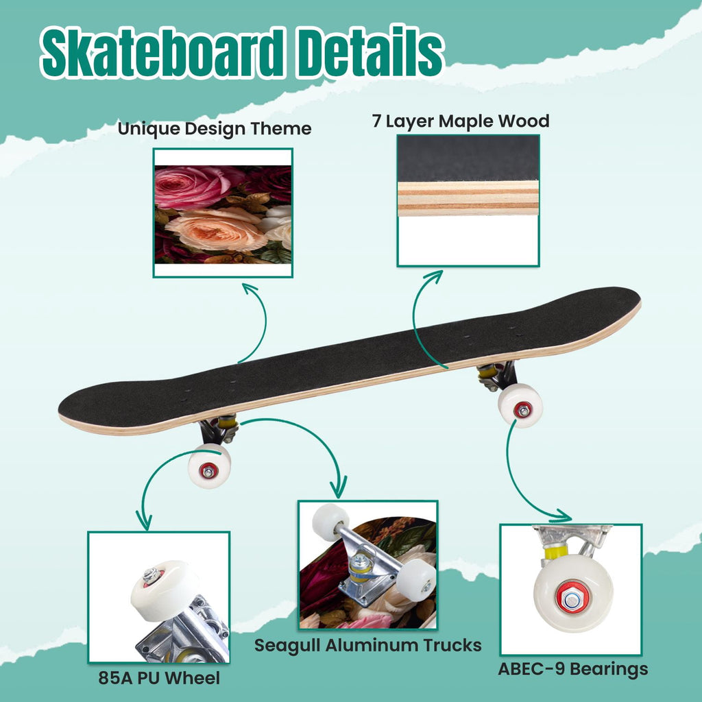 Abstract Geometric Curved Shapes Earthy Tones 31" x 8" Complete Skateboard, 7-Ply Canadian Maple Double Kick Trick Board for Kids and Beginners Adult Gifts