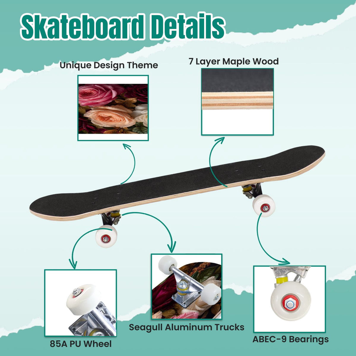 Abstract Geometric Curved Shapes Earthy Tones 31" x 8" Complete Skateboard, 7-Ply Canadian Maple Double Kick Trick Board for Kids and Beginners Adult Gifts