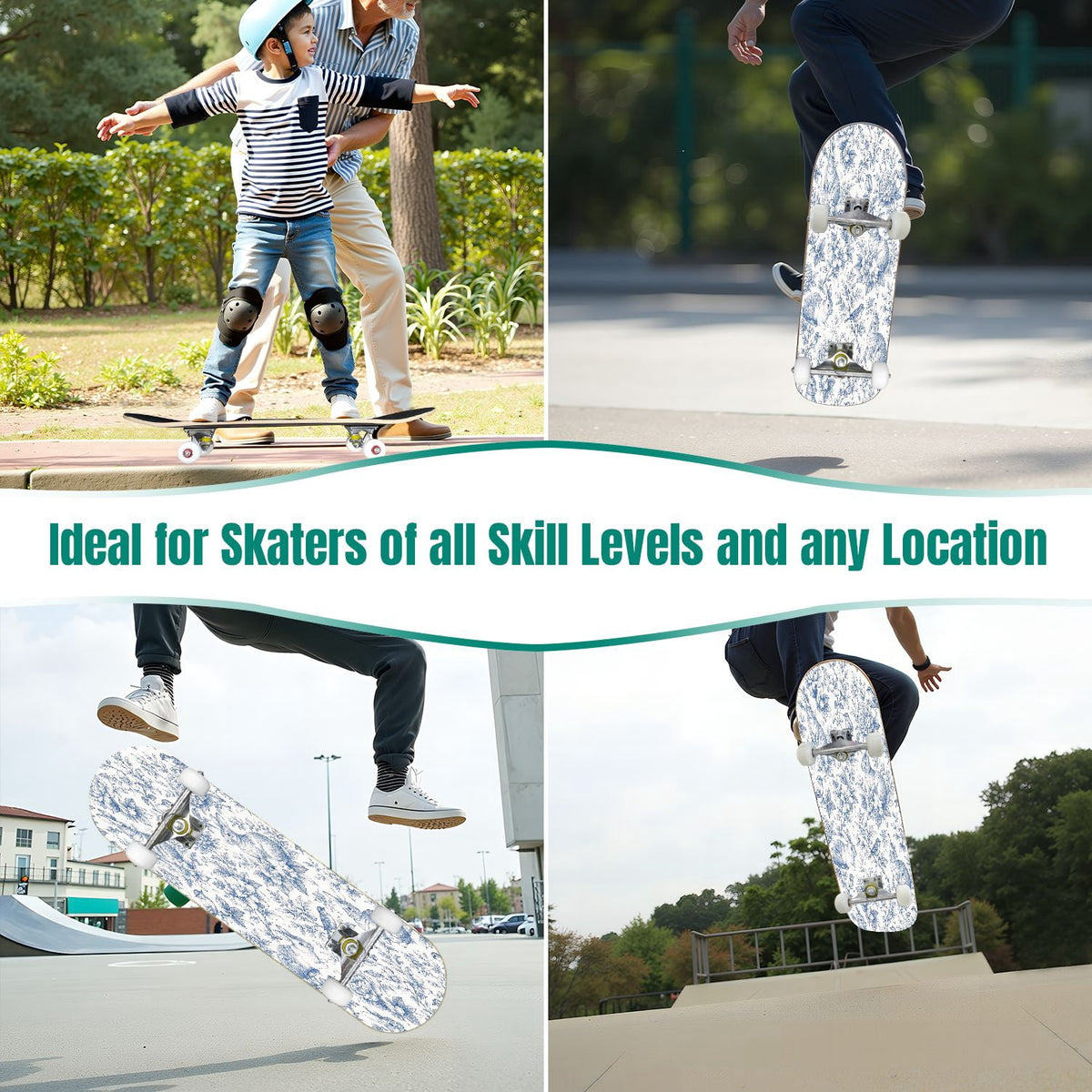 31"x8" Complete Skateboards for Beginners,Blue White Toile Rabbits Birds Floral Motifs Double Kick 7 Ply Canadian Maple Deck Skateboard with Wheels, Gifts for Kids Teens