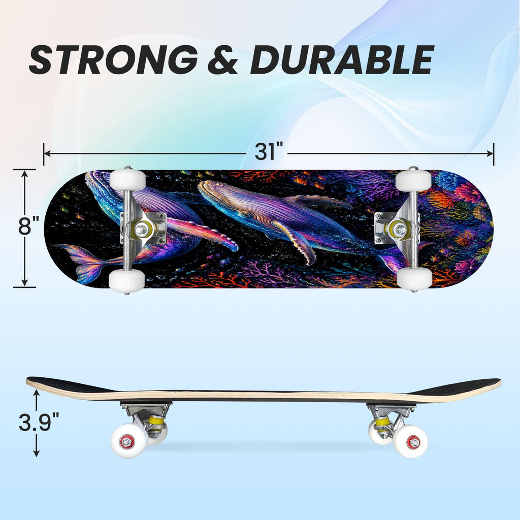 31"x8" Complete Skateboards for Beginners, Colorful Underwater Two Seahorses Coral Reefs Double Kick 7 Ply Canadian Maple Deck Skateboard with Wheels, Gifts for Kids Teens
