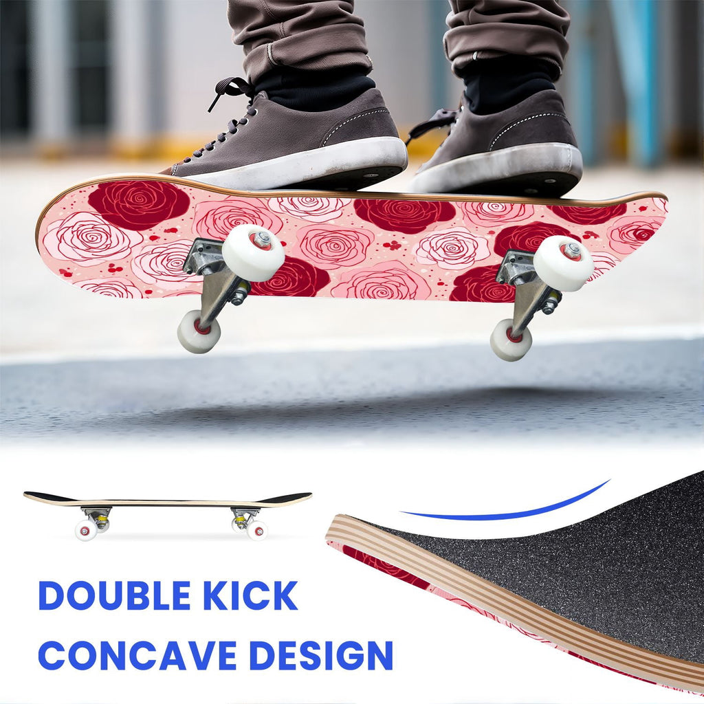 31"x8" Complete Skateboards for Beginners, Elegant Pink Red Roses Green Leaves Dark Double Kick 7 Ply Canadian Maple Deck Skateboard with Wheels, Gifts for Kids Teens