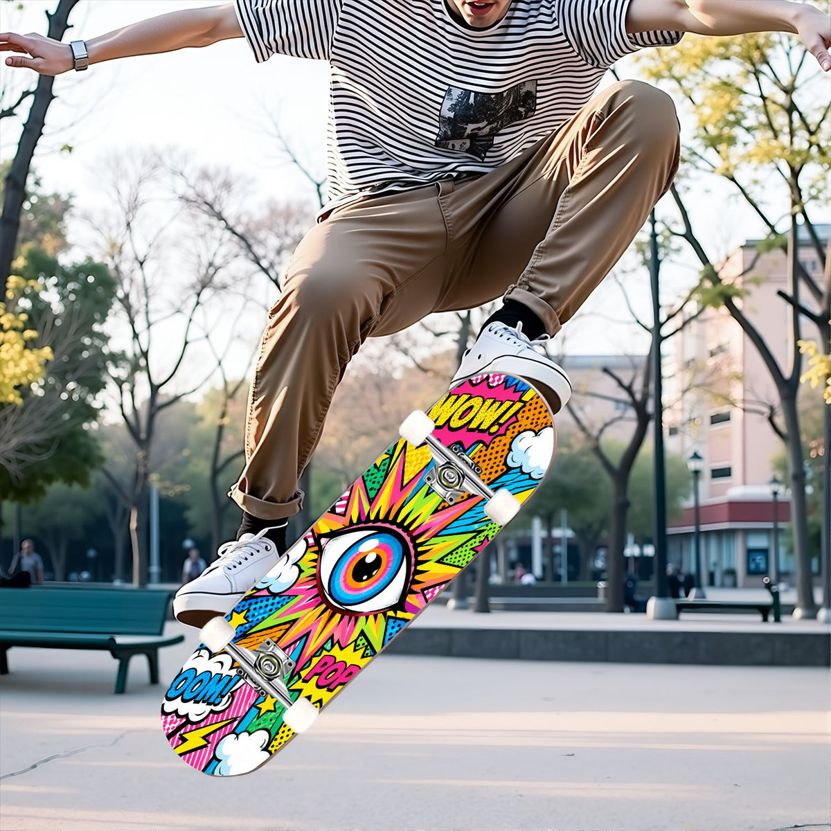 Complete Skateboard Vibrant Comic Eye 31 Inch 7-Ply Maple Skateboard with PU Wheels and Aluminum Trucks, Ready-to-Ride Skateboard for Beginners, Teens and Adults