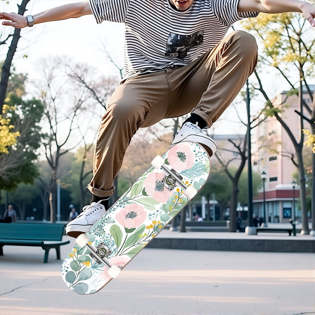 31"x8" Complete Skateboards for Beginners, Elegant Floral Pink Roses Blue Butterflies Double Kick 7 Ply Canadian Maple Deck Skateboard with Wheels, Gifts for Kids Teens
