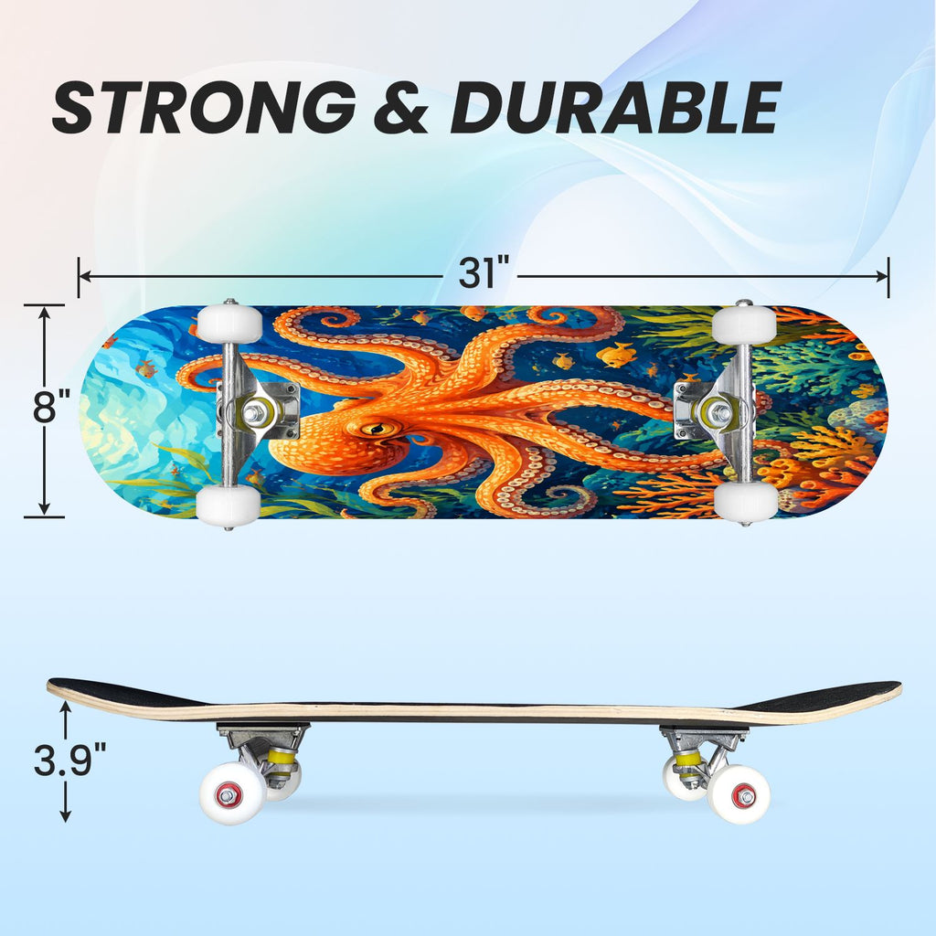 31"x8" Complete Skateboards for Beginners, Colorful Cosmic Octopus Tentacles Starry Marine Life Double Kick 7 Ply Canadian Maple Deck Skateboard with Wheels, Gifts for Kids Teens