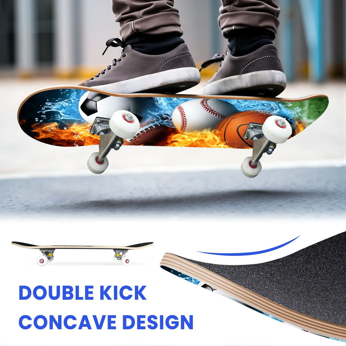 31"x8" Complete Skateboards for Beginners,Close up Baseball Red Stitches Leather Double Kick 7 Ply Canadian Maple Deck Skateboard with Wheels, Sports Gifts for Kids Teens
