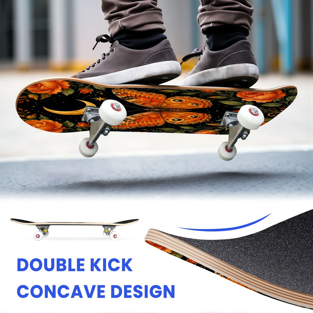 31"x8" Complete Skateboards for Beginners, Mystical Purple Butterfly Glowing Mushrooms Under Full Moon Double Kick 7 Ply Canadian Maple Deck Skateboard with Wheels, Gifts for Kids Teens