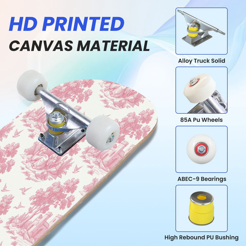 31"x8" Complete Skateboards for Beginners, Pink Floral Ribbon Roses Bows White Double Kick 7 Ply Canadian Maple Deck Skateboard with Wheels, Gifts for Girls Teens