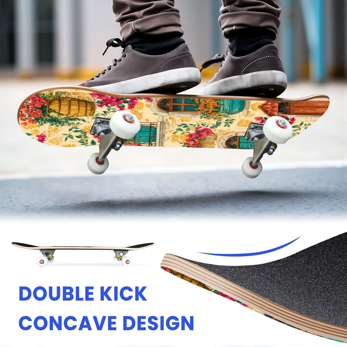 31"x8" Complete Skateboards for Beginners, Vintage Forest Woodland Large Trees Leaves River Cottage Double Kick 7 Ply Canadian Maple Deck Skateboard with Wheels, Gifts for Kids Teens
