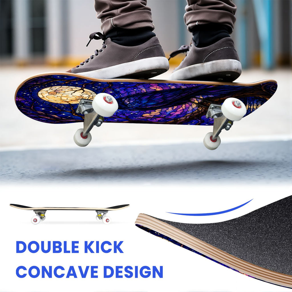 31"x8" Complete Skateboards for Beginners, Colorful Mushroom Floral Magical Night Forest Vintage Double Kick 7 Ply Canadian Maple Deck Skateboard with Wheels, Gifts for Kids Teens
