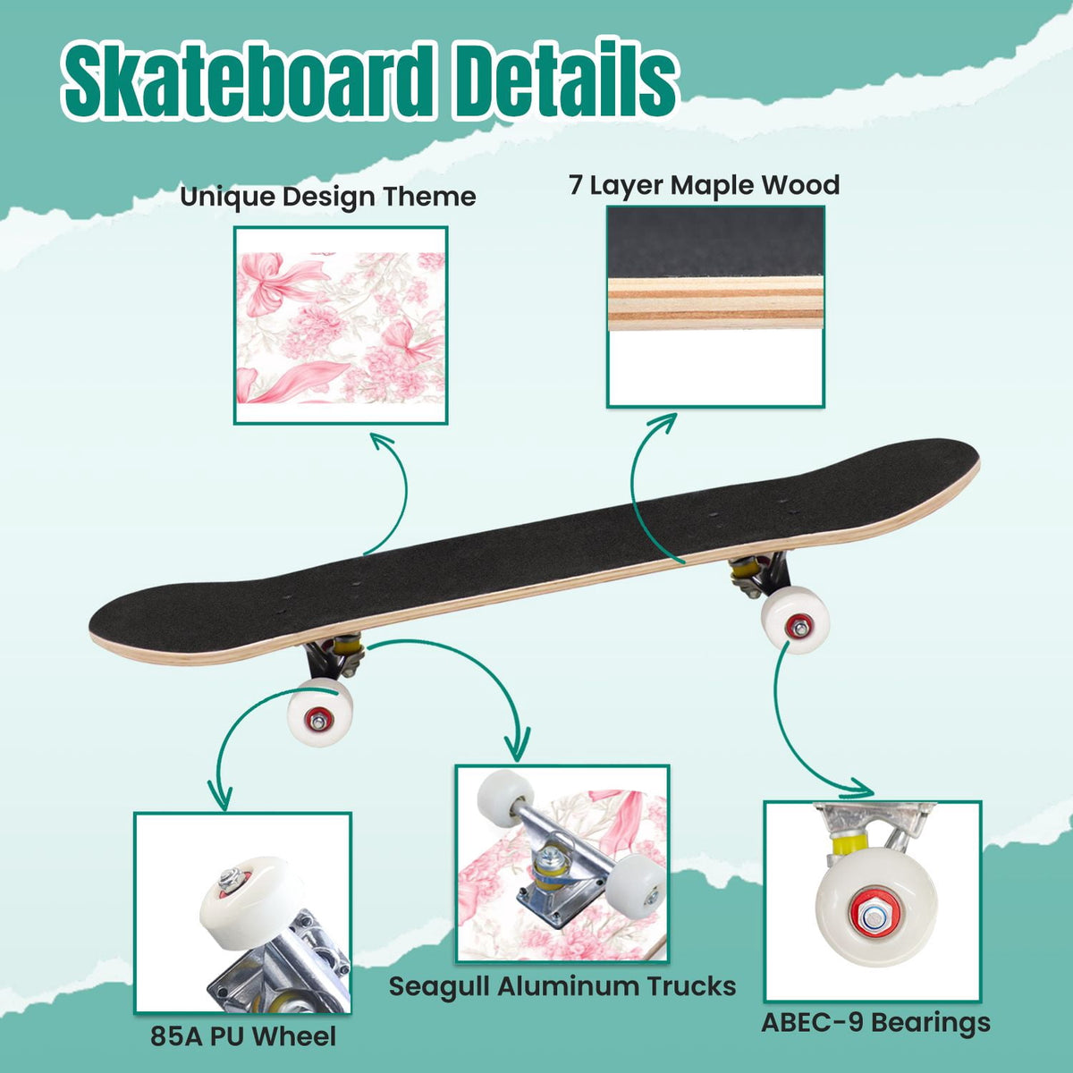 Buffalo Tan Grass Illustrations 31" x 8" Complete Skateboard, 7-Ply Canadian Maple Double Kick Trick Board for Kids and Beginners Adult Gifts