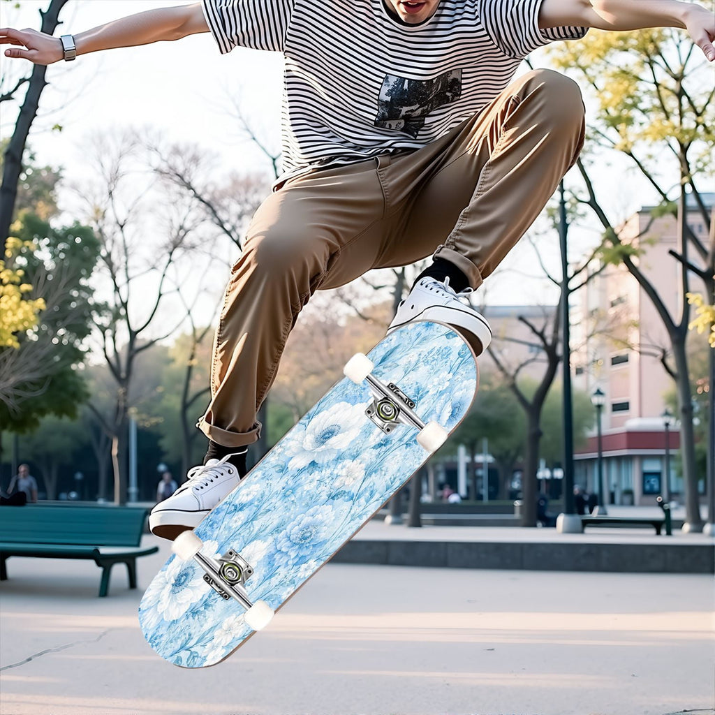 31"x8" Complete Skateboards for Beginners,Blue White Vintage Floral Roses Ornate Swirls Double Kick 7 Ply Canadian Maple Deck Skateboard with Wheels, Gifts for Kids Teens