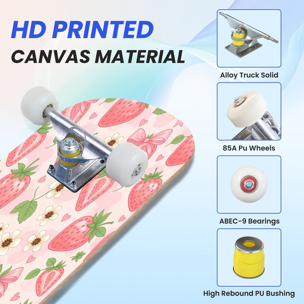 31"x8" Complete Skateboards for Beginners, Seamless Pink Peony Floral Cream Double Kick 7 Ply Canadian Maple Deck Skateboard with Wheels, Gifts for Girls Teens
