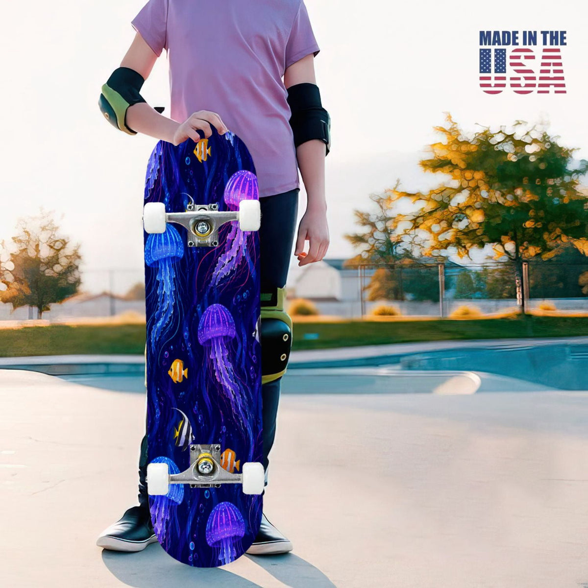 31"x8" Complete Skateboards for Beginners, Seashell Starfish Blue White Nautical Marine Life Double Kick 7 Ply Canadian Maple Deck Skateboard with Wheels, Gifts for Kids Teens