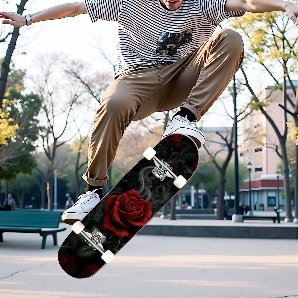 31"x8" Complete Skateboards for Beginners, Vintage Forest Woodland Large Trees Leaves River Cottage Double Kick 7 Ply Canadian Maple Deck Skateboard with Wheels, Gifts for Kids Teens