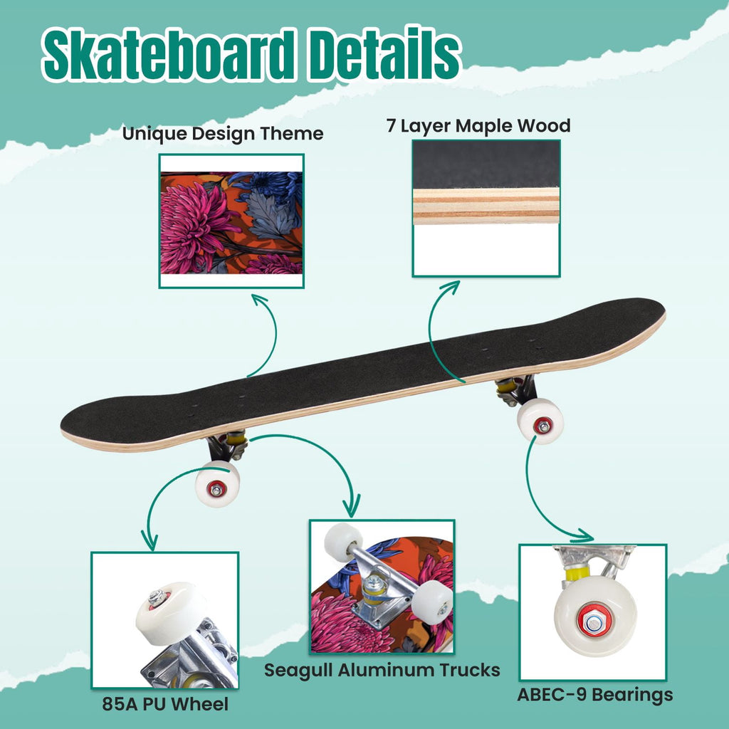 Botanical Embroidery Golden Green Leaves Black 31" x 8" Complete Skateboard, 7-Ply Canadian Maple Double Kick Trick Board for Kids and Beginners Adult Gifts
