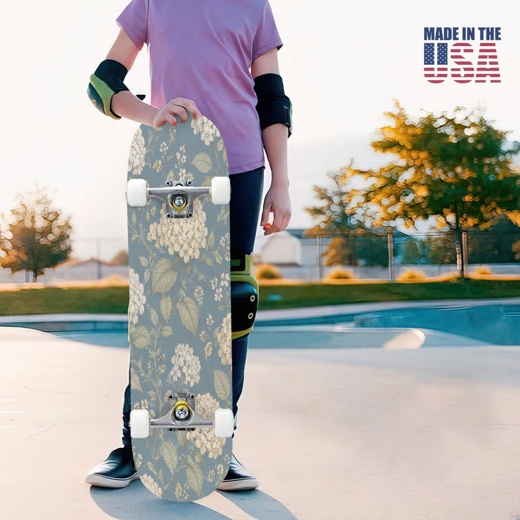 31"x8" Complete Skateboards for Beginners,Blue White Toile Rabbits Birds Floral Motifs Double Kick 7 Ply Canadian Maple Deck Skateboard with Wheels, Gifts for Kids Teens