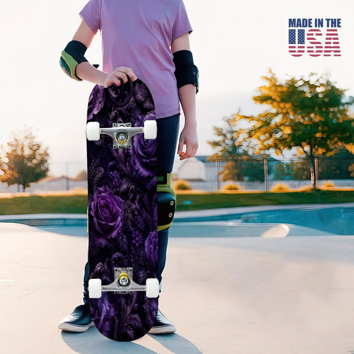 31"x8" Complete Skateboards for Beginners, Purple White Cosmos Flowers Butterflies Watercolor Double Kick 7 Ply Canadian Maple Deck Skateboard with Wheels, Gifts for Kids Teens