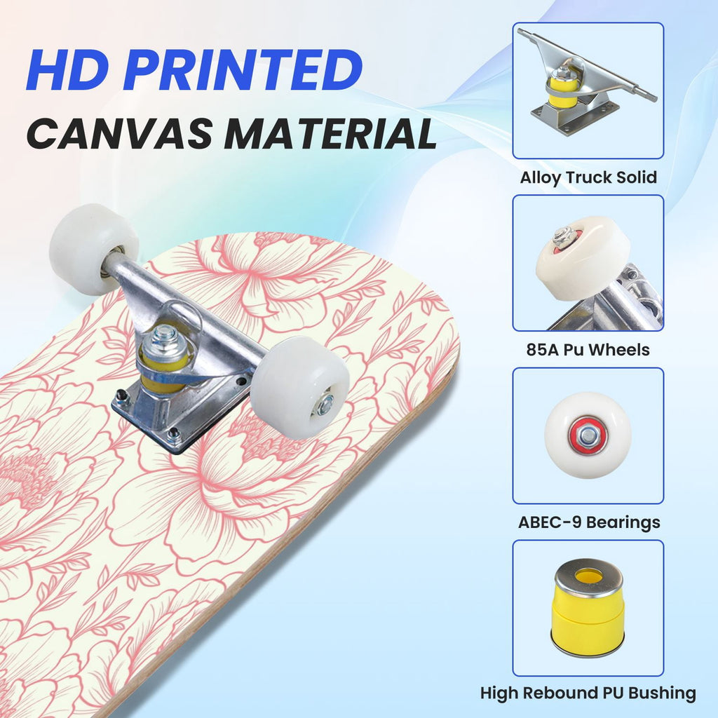 31"x8" Complete Skateboards for Beginners, Seamless Pink Peony Floral Cream Double Kick 7 Ply Canadian Maple Deck Skateboard with Wheels, Gifts for Girls Teens
