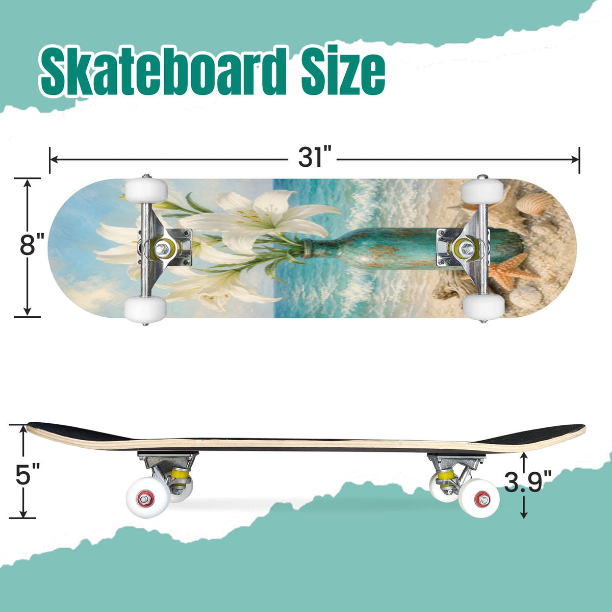 White Birch Tree Bark Natural Knots Horizontal Lines 31" x 8" Complete Skateboard, 7-Ply Canadian Maple Double Kick Trick Board for Kids and Beginners Adult Gifts