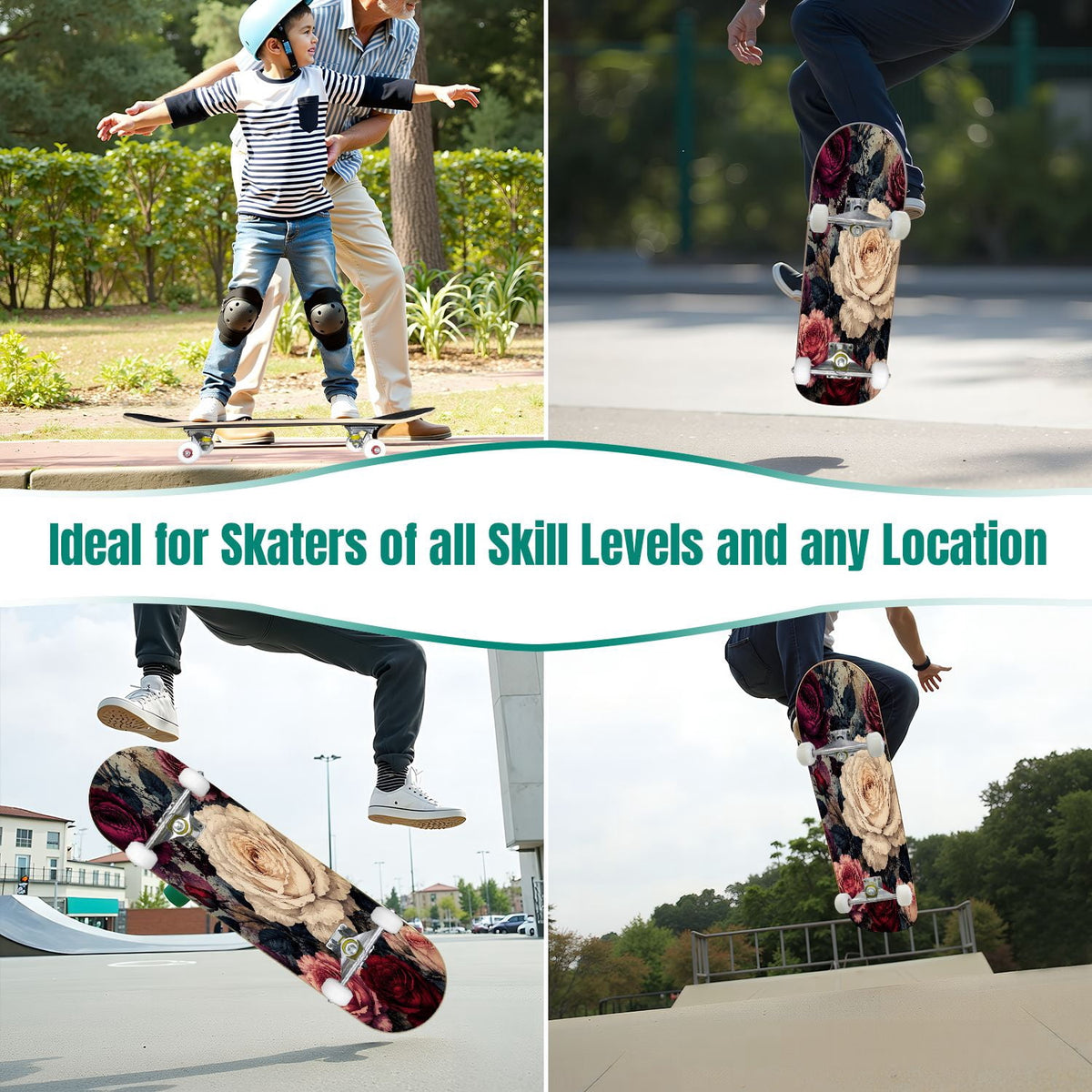 31"x8" Complete Skateboards for Beginners,Vintage Botanical Skull Flowers Elements Dark Double Kick 7 Ply Canadian Maple Deck Skateboard with Wheels, Gifts for Kids Teens