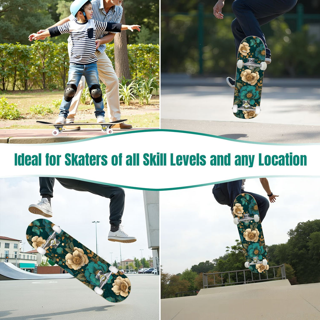 Vintage Floral Bird Sepia Tones 31" x 8" Complete Skateboard, 7-Ply Canadian Maple Double Kick Trick Board for Kids and Beginners Adult Gifts
