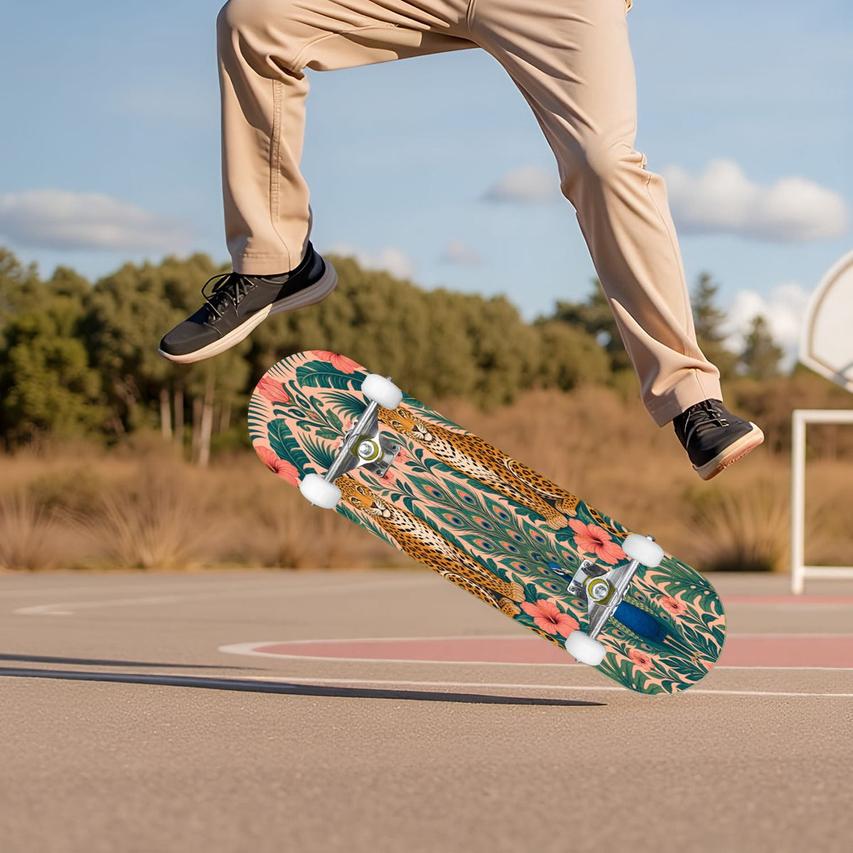 Rose Teal Rose Painting Turquoise Blue Flower Kitchen Decor 31" x 8" Complete Skateboard, 7-Ply Canadian Maple Double Kick Trick Board for Kids and Beginners Adult Gifts