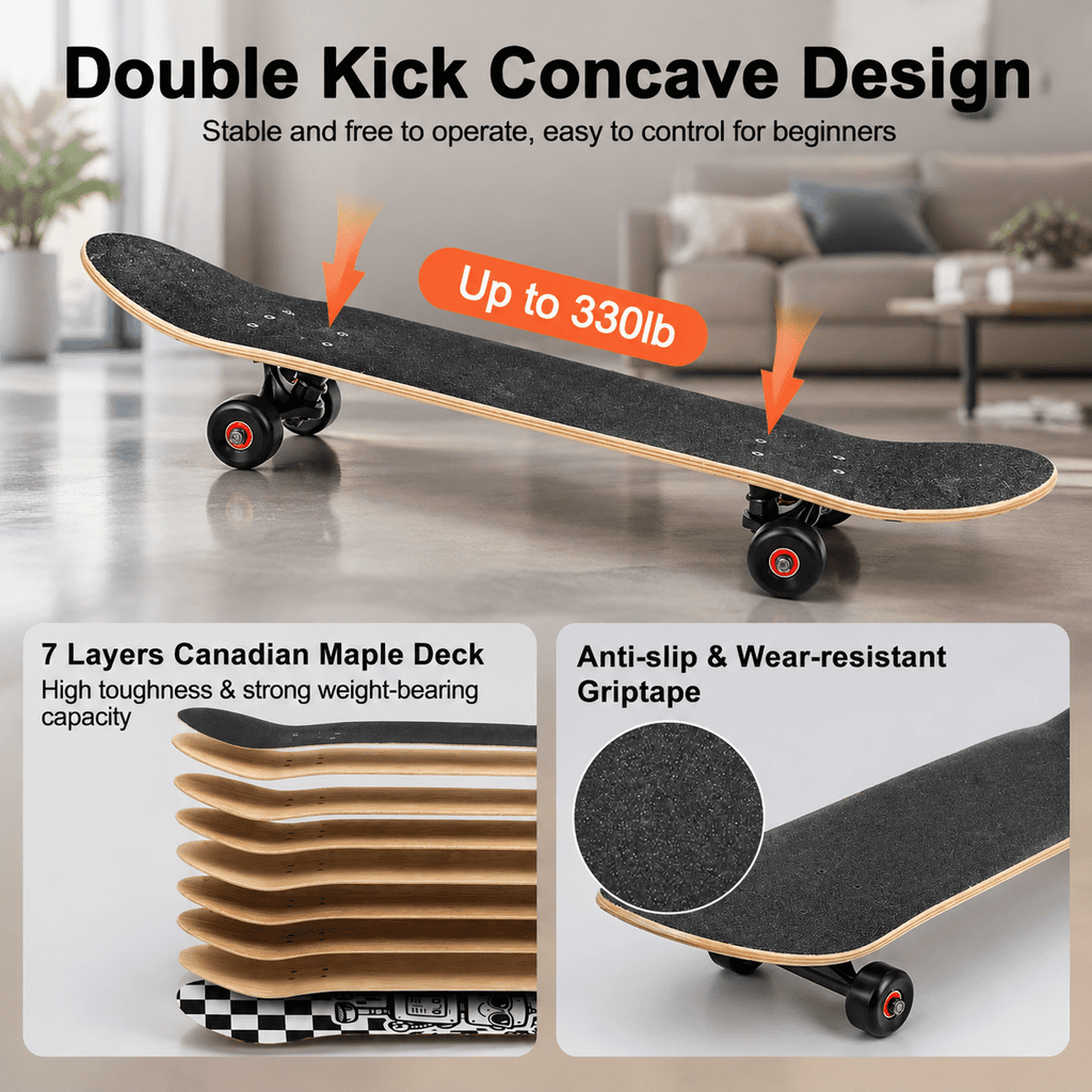 Vivid Standard Complete Skateboard for Beginners Adults Teens, 7 Layer Canadian Maple, Double Kick Concave