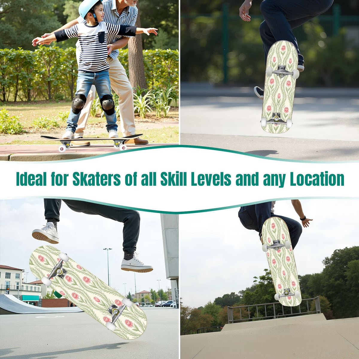 31"x8" Complete Skateboards for Beginners, Pink Floral Ribbon Roses Bows White Double Kick 7 Ply Canadian Maple Deck Skateboard with Wheels, Gifts for Girls Teens