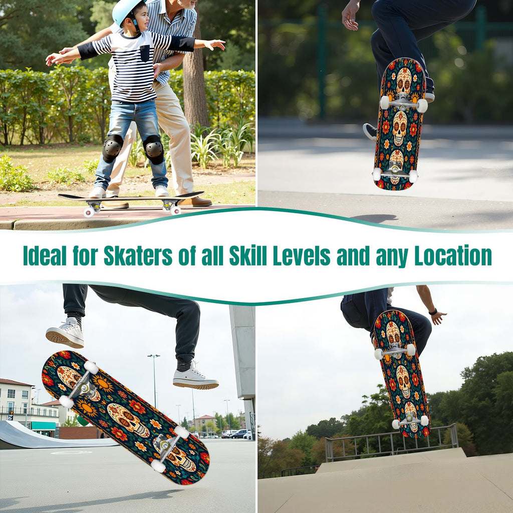 31"x8" Complete Skateboards for Beginners, Colorful Sugar Skull Vibrant Floral Day of the Dead Double Kick 7 Ply Canadian Maple Deck Skateboard with Wheels, Gifts for Kids Teens