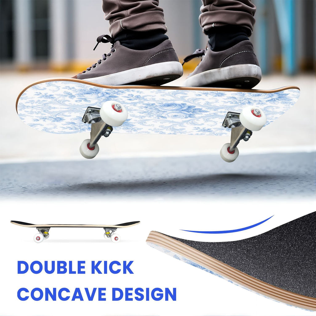 31"x8" Complete Skateboards for Beginners,Blue White Vintage Floral Roses Ornate Swirls Double Kick 7 Ply Canadian Maple Deck Skateboard with Wheels, Gifts for Kids Teens