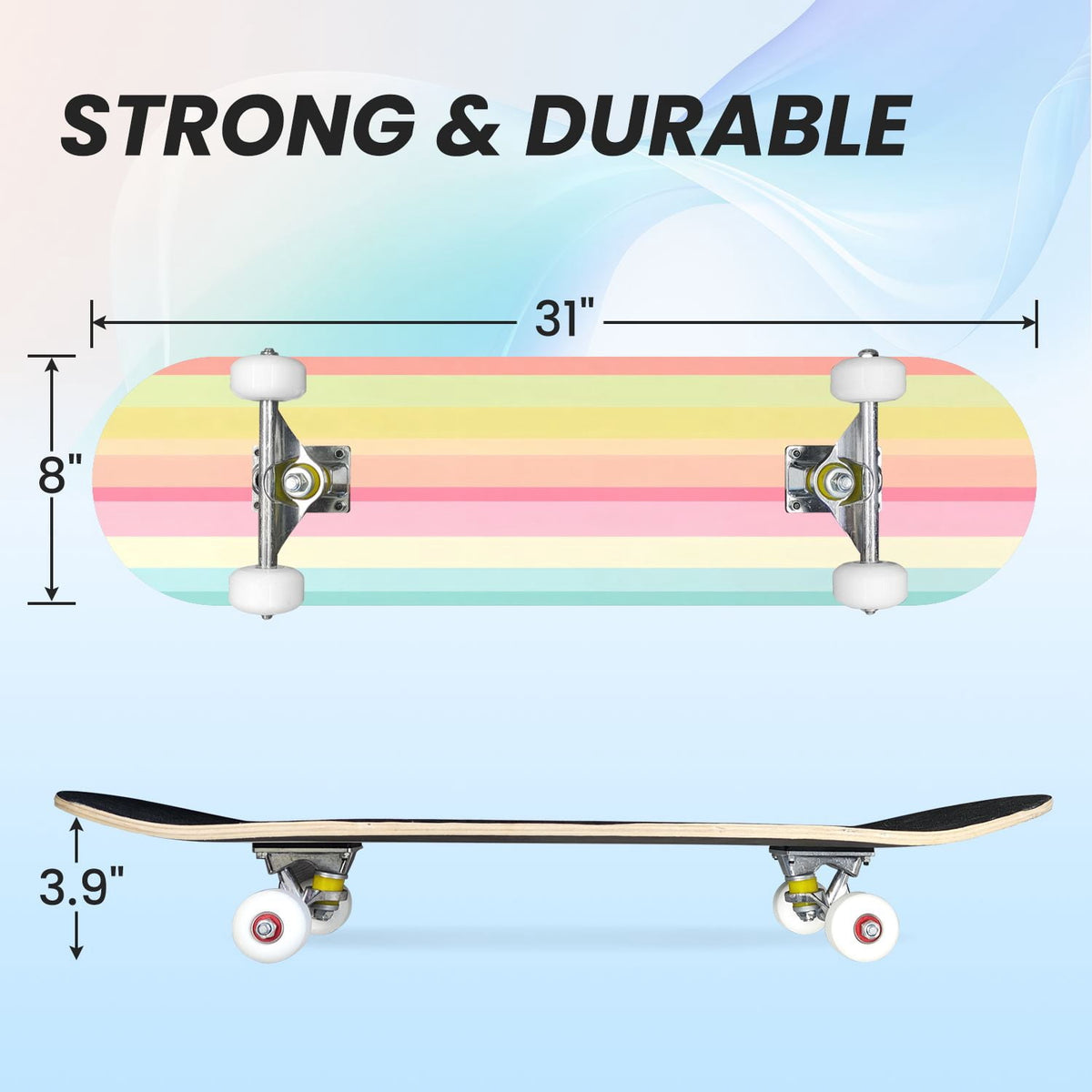 31"x8" Complete Skateboards for Beginners,Vibrant Diagonal Rainbow Gradient Abstract Art Double Kick 7 Ply Canadian Maple Deck Skateboard with Wheels, Gifts for Kids Teens