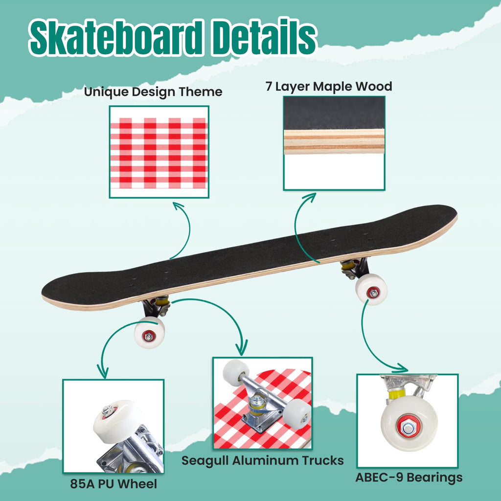Abstract Geometric Curved Shapes Earthy Tones 31" x 8" Complete Skateboard, 7-Ply Canadian Maple Double Kick Trick Board for Kids and Beginners Adult Gifts