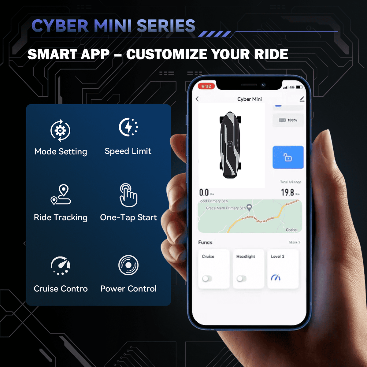 Maxfind Cyber Mini Electric Skateboard with Remote, 32.8", Dual Hub Motors, 24 mph, 15 Miles, App Control