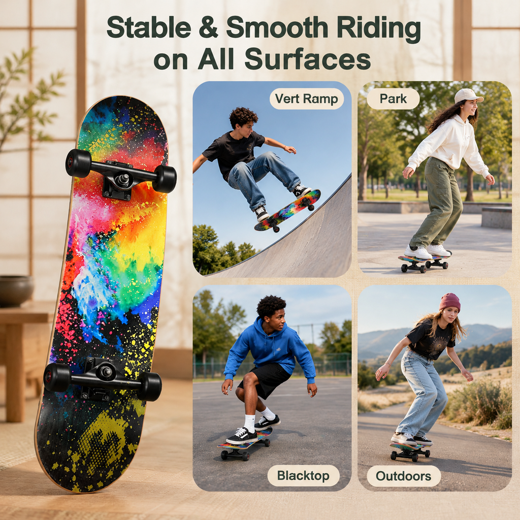 Vivid Standard Complete Skateboard for Beginners Adults Teens, 7 Layer Canadian Maple, Double Kick Concave