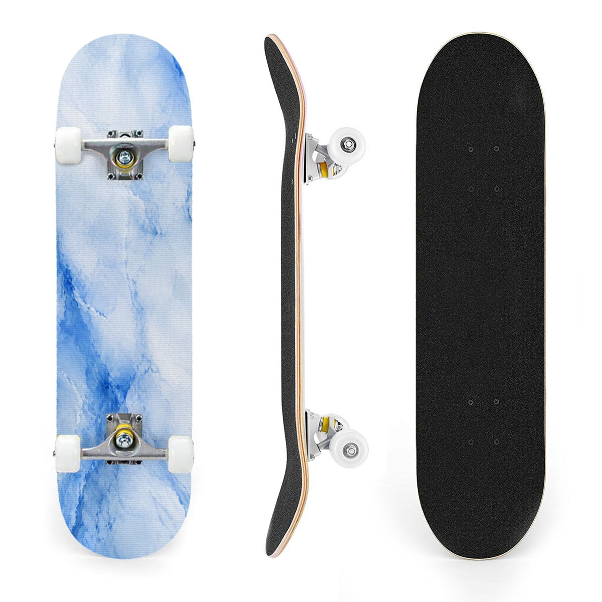 31"x8" Complete Skateboards for Beginners,Elegant White Blue Flowers Soft Petals Dreamy Artistic Double Kick 7 Ply Canadian Maple Deck Skateboard with Wheels, Gifts for Kids Teens