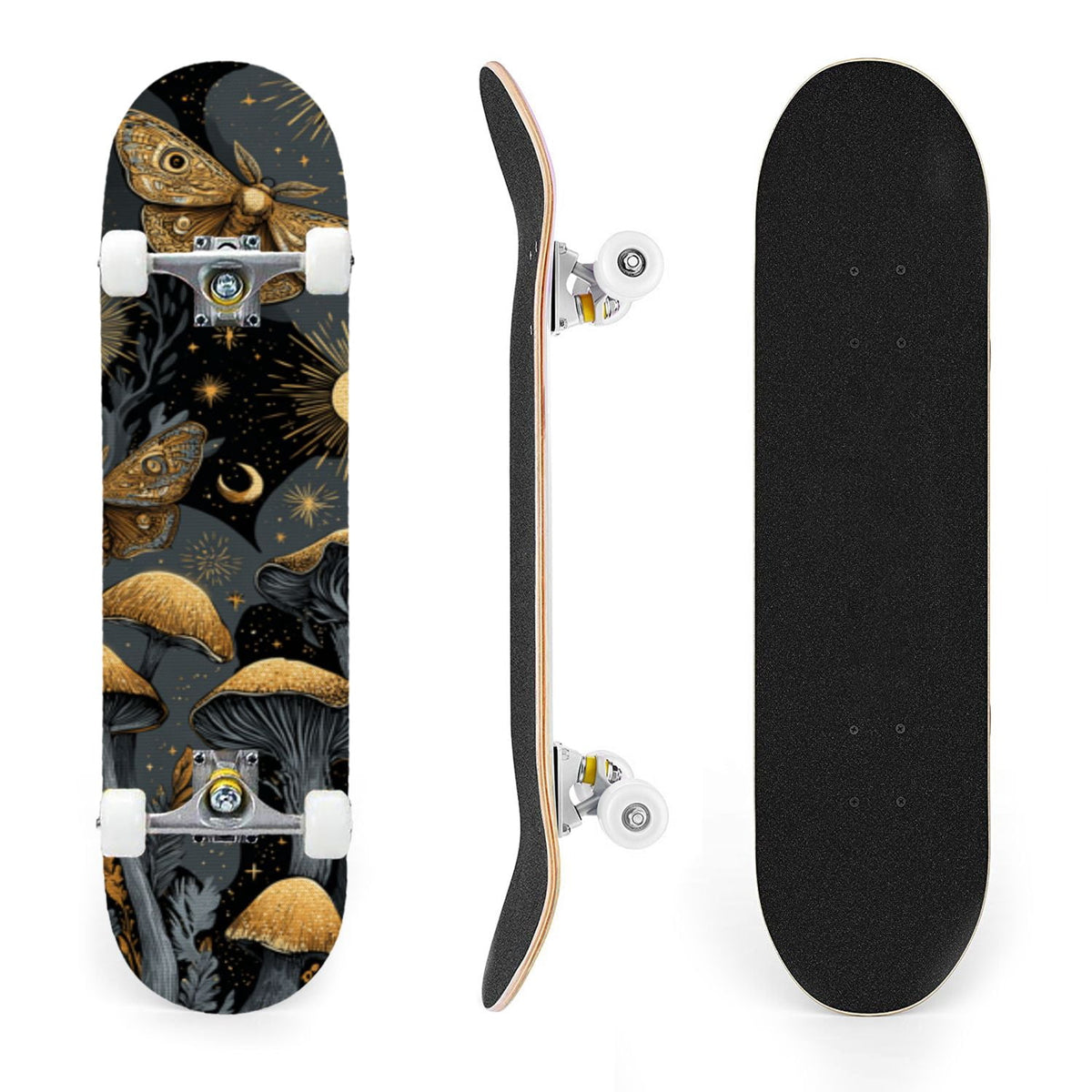 31"x8" Complete Skateboards for Beginners,Whimsical Blue Butterflies Green Foliage Dark Night Fantasy Double Kick 7 Ply Canadian Maple Deck Skateboard with Wheels, Gifts for Kids Teens