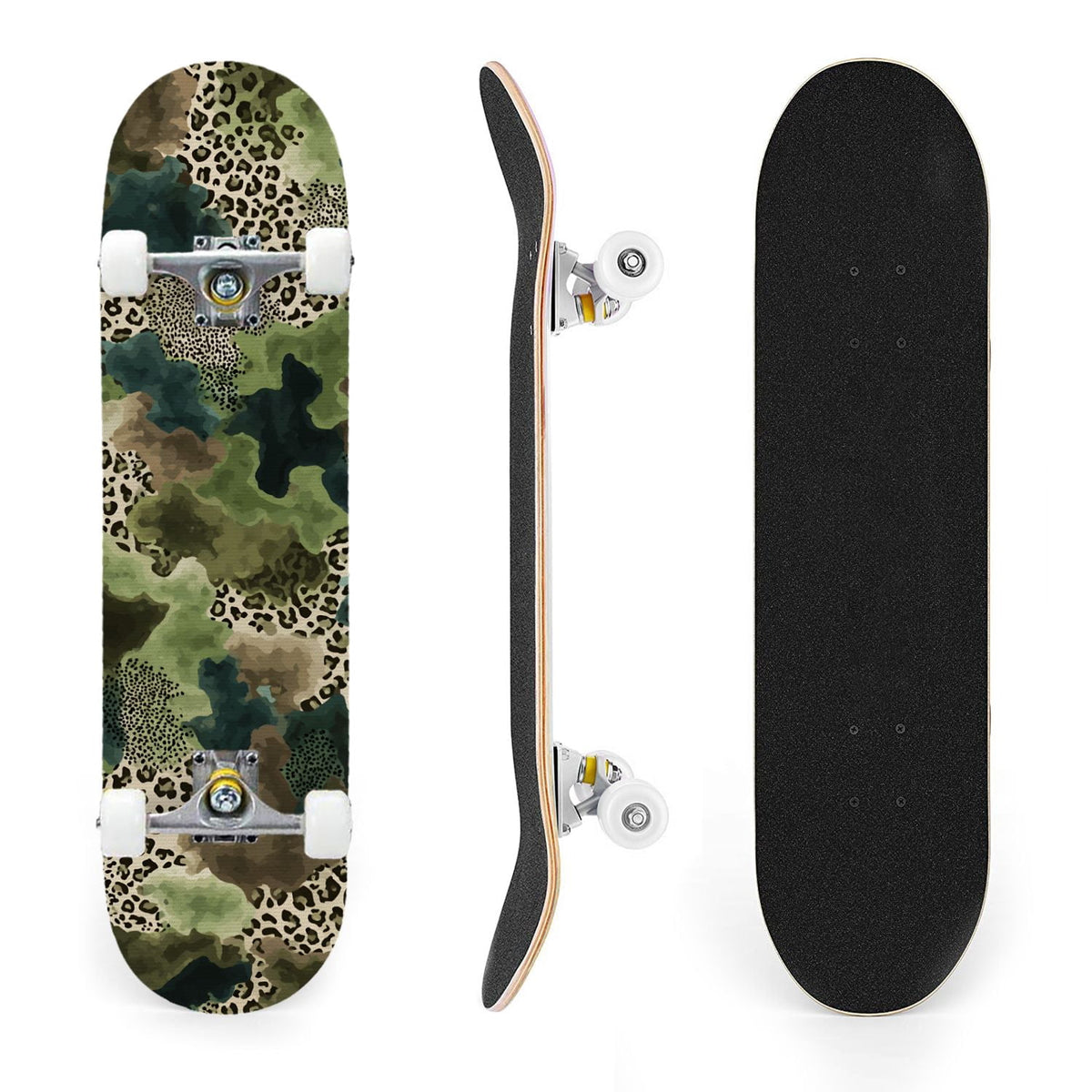 31"x8" Complete Skateboards for Beginners,Abstract Natural Earthy Tones Brush Strokes Camouflage Double Kick 7 Ply Canadian Maple Deck Skateboard with Wheels, Gifts for Kids Teens