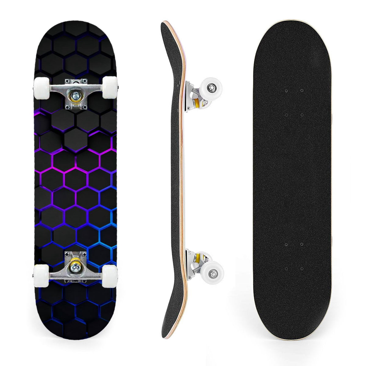 31"x8" Complete Skateboards for Beginners,Geometric Hexagon Glowing Neon Blue Purple Double Kick 7 Ply Canadian Maple Deck Skateboard with Wheels, Gifts for Kids Teens