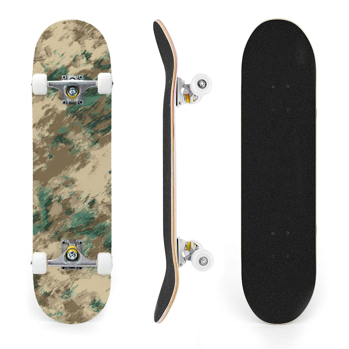 31"x8" Complete Skateboards for Beginners,Abstract Natural Earthy Tones Brush Strokes Camouflage Double Kick 7 Ply Canadian Maple Deck Skateboard with Wheels, Gifts for Kids Teens