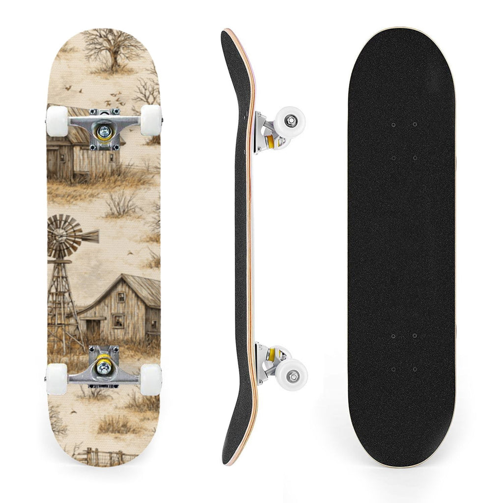 31"x8" Complete Skateboards for Beginners,Barn Windmill Artwork Rustic Barn Wood Farm Windmill Double Kick 7 Ply Canadian Maple Deck Skateboard with Wheels, Gifts for Kids Teens