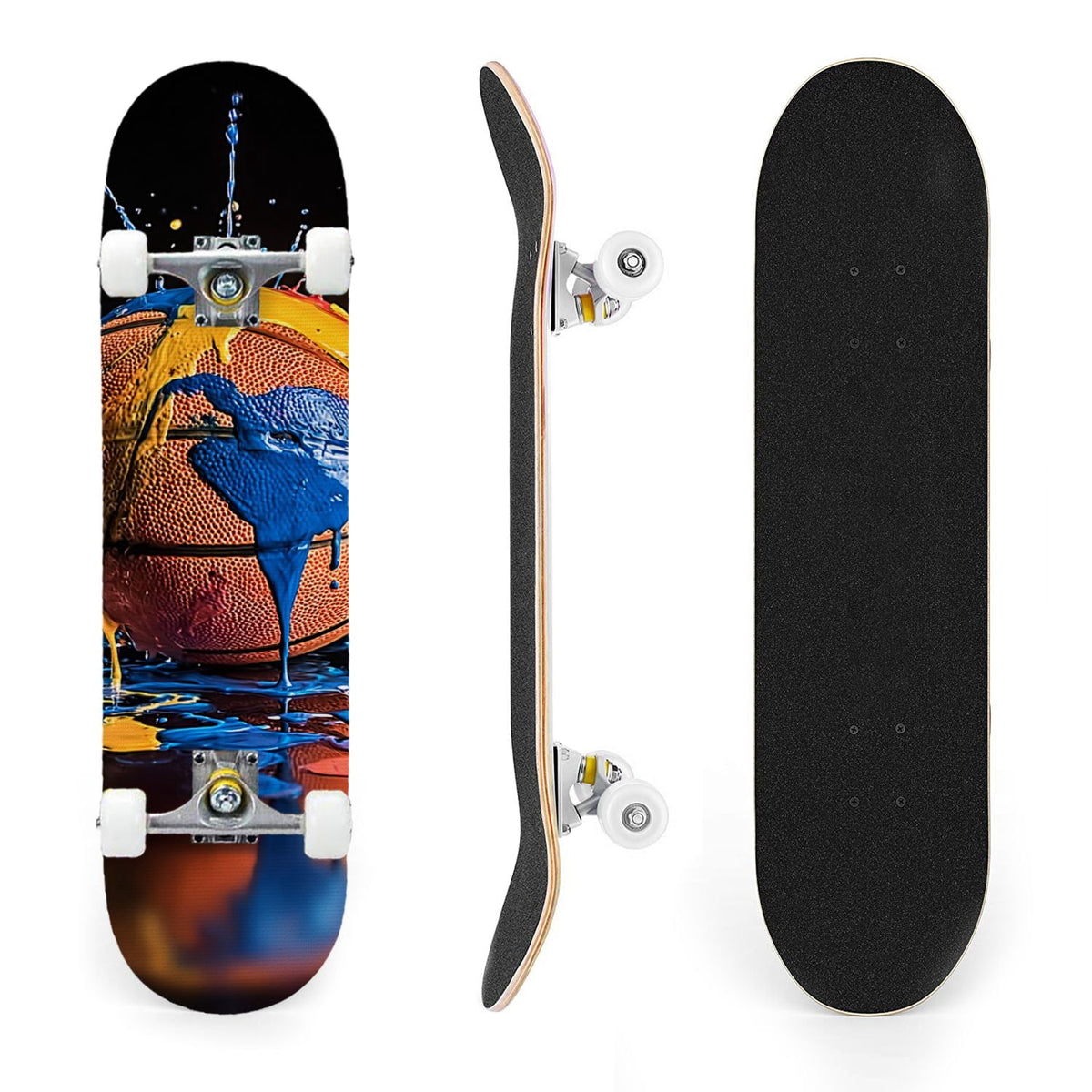 31"x8" Complete Skateboards for Beginners,Abstract Soccer Ball Vibrant Paint Splashes Drips Double Kick 7 Ply Canadian Maple Deck Skateboard with Wheels, Sports Gifts for Kids Teens
