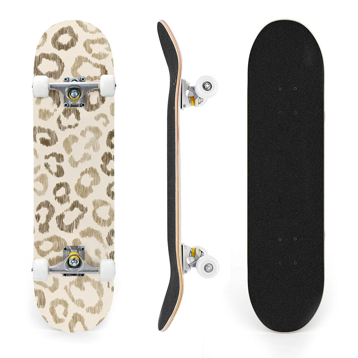 31"x8" Complete Skateboards for Beginners,Black Leopard Print Grey Double Kick 7 Ply Canadian Maple Deck Skateboard with Wheels, Gifts for Kids Teens