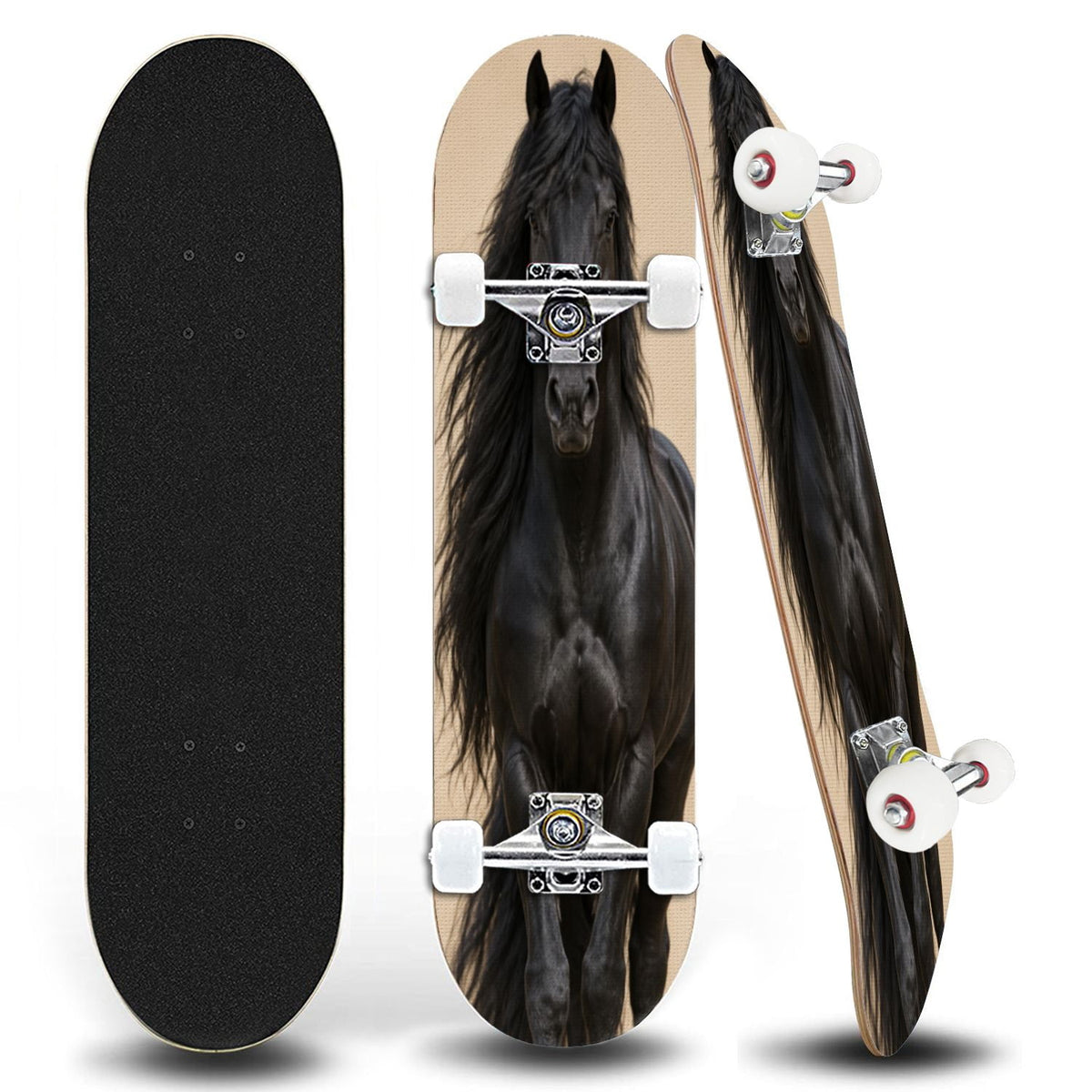 31"x8" Black Andalusian Horse Complete Skateboard for Beginners long mane 7 Layer Maple Deck Double Kick Kids Skateboard with 85A PU Wheels Gifts for Kids Teens